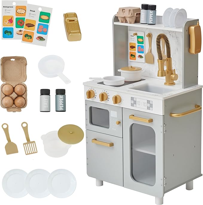 Teamson Kids Little Chef Memphis Small Wooden Play Kitchen with Interactive, Realistic Features, and 16 Kitchen Accessories - for 3yrs and up, Pretend Play House, Restaurant - Gray/Gold/Faux Marble