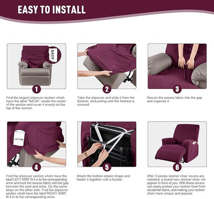KinCam Recliner Covers, Stretch Reclining Chair Covers, Recliner Sofa Slipcovers Stripe Jacquard Recliner Couch Covers Furniture Protector Covers for Pet Kid (1 Seater, Burgundy)
