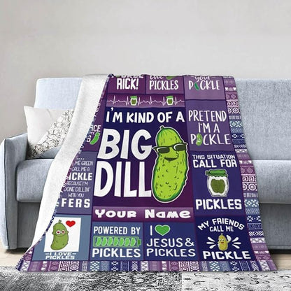 Custom Pickle Blanket with Name for Boys Girls, Personalized Cute Pickle Themed Design Printed Throw Blankets for Kids Lap, Chair, Giftable Blanket, 30"x 40"