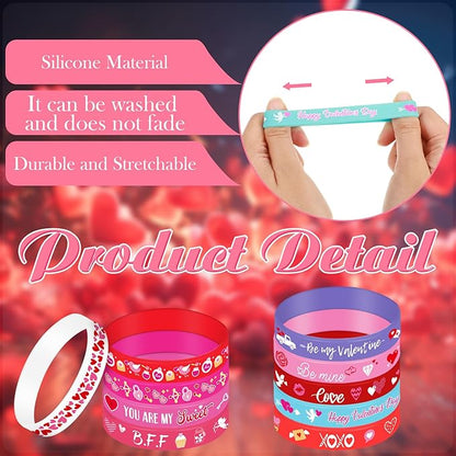 Wettarn 100 Pcs Valentines Silicone Wristband Happy Valentine's Day Wristbands Heart Rubber Bracelets Valentine's Day Party Favors Silicone Bracelets