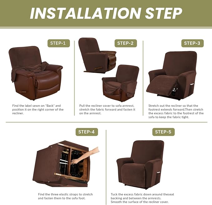 AZON Velvet Stretch Recliner Chair Cover,1-Piece Washable Recliner Couch Cover with Elastic Furniture Protector for Pets, Kids(Recliner, Chocolate)