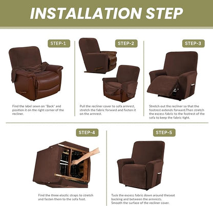 AZON Velvet Stretch Recliner Chair Cover,1-Piece Washable Recliner Couch Cover with Elastic Furniture Protector for Pets, Kids(Recliner, Chocolate)