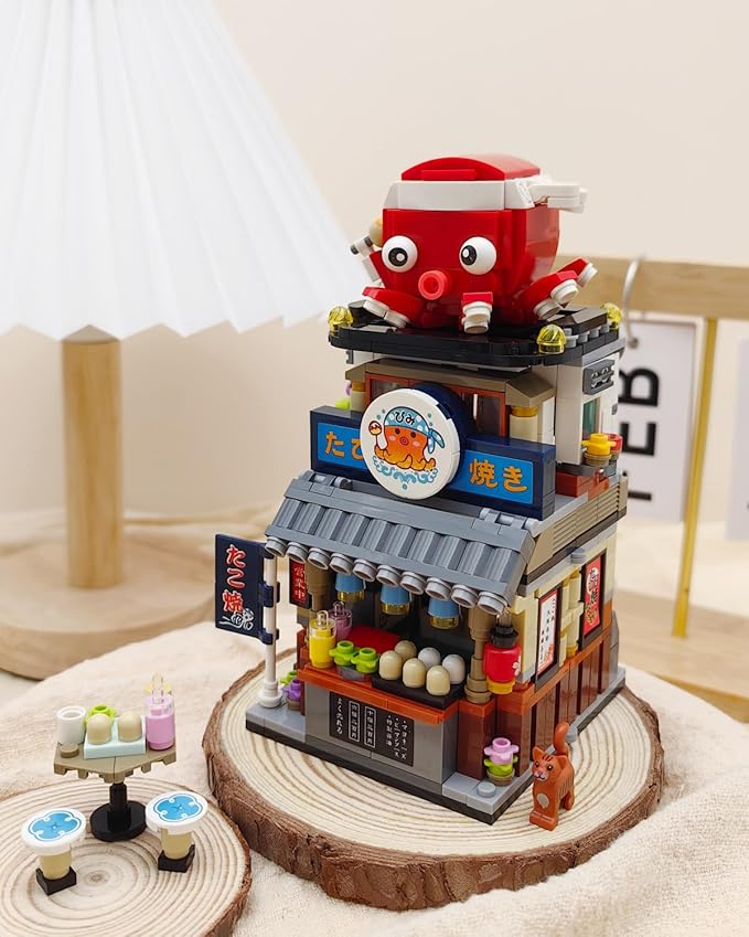 Japanese City Street View Takoyaki Shop, MOC Creative Building Blocks House Set, Simulation Architecture Construction Toy, Gifts Idea for Kids Adults (Mini Blocks 722 pcs)