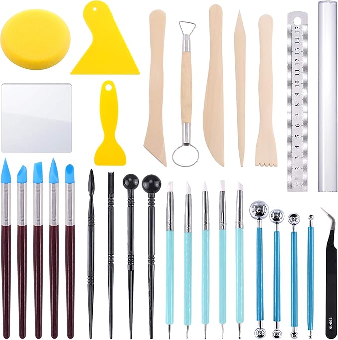 Swpeet 30Pcs Silicone Clay Sculpting Tool, Modeling Dotting Tool & Pottery Craft Ball Stylus Tool,Dotting Pottery Toolsfor Pottery Modeling, Smoothing Clay, Ceramics