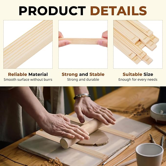 Mowawa 10 Pcs Pottery Teaching Rolling Mud Stick Guide Set, 5 Size Mudboard Guide Wooden Strips, Pottery Tool Clay Tools for Precise Polymer Clay Thickness Measurement