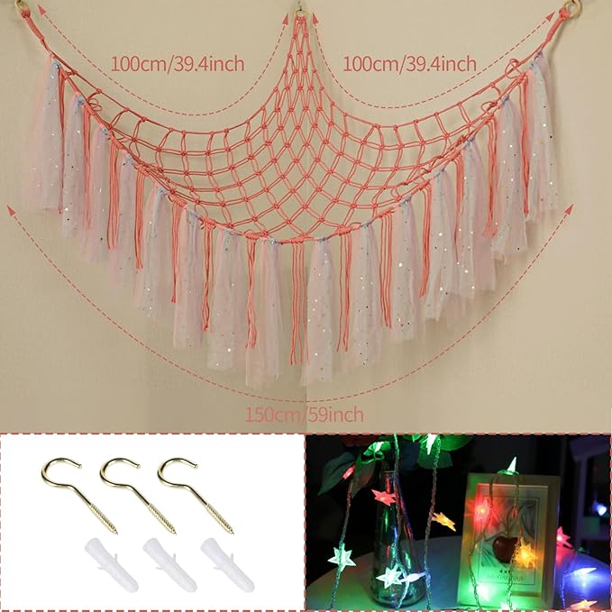 Stuffed Animal Hammock with LED Lights - 59 Inch Large Toy Storage Net for Kids Bedroom, Wall-Mounted Plush Organizer with Wooden Rings, Nursery Decor (Handwoven, Dark Pink)