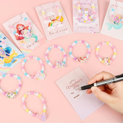 Valentines Day Gifts for Kids Classroom,Unicorn Valentines Cards for Kids School Girls, Princess Valentines Cards and Charm Bracelet, Mermaid Valentines Cards,Valentine Party Favors - 24 Packs