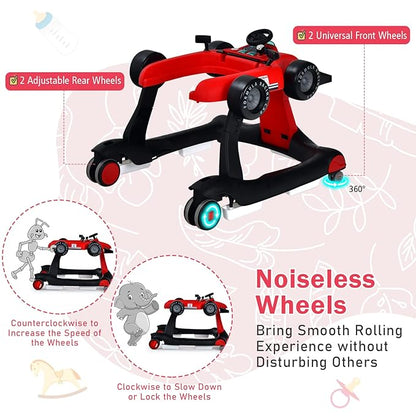 GLACER Foldable Baby Walker, 4-in-1 Infant Walker with Adjustable Height & Speed, Music, Light, Steering Wheel & Washable Cushion, Baby Walker Activity Center for Boys Girls 6 –18 Months (Red)