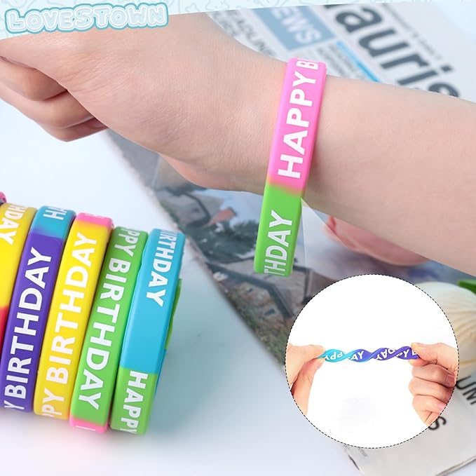 LovesTown 48PCS Birthday Rubber Bracelets, Silicone Stretch Wristbands Dual-color Happy Birthday Bracelets for Kids Adults Birthday Party Favors