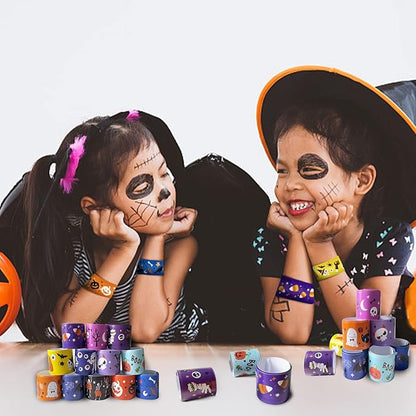 LOMIMOS 48PCS Halloween Slap Bracelets,Snap Wristbands with Assorted Pumpkin Skeleton Bat Spider for Kids Trick or Treat Gift Bag Filler Party Favors