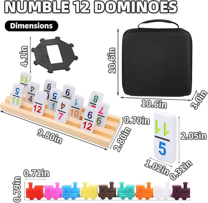 Mexican Train Dominoes Set Numbers and 8 Wooden Racks,Double 12 Travel Domino Train Game with 91 Colored Tiles and Protable Case, Number Domino Set for Kids, Adults Family Board Team Games