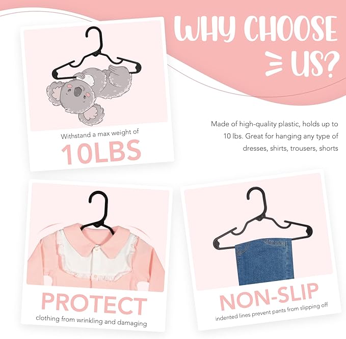 HOUSE DAY Plastic Baby Hangers for Closet 60 Pack, Durable Plastic Kids Hangers for Baby Clothes, Thin & Compact Childrens Hangers, Space Saving Black Baby Hangers, Small Hangers for Kids Clothes