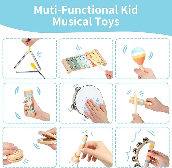 ZJEFUNS Baby Musical Instruments Set Wooden Montessori Toys for Toddlers 1-3 Percussion Instruments Set Modern Boho Music Toys for Kids Preschool Educational.