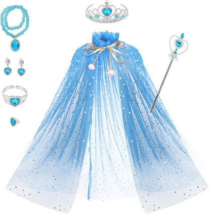 Fedio Princess Cape Set 7 Pieces Girls Princess Cloak with Tiara Crown, Wand for Little Girls Dress up (Blue)