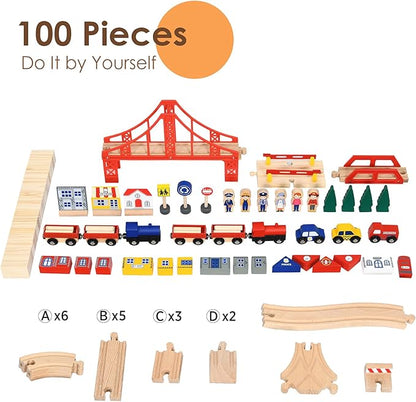 HONEY JOY Train Table, Wooden Kids Activity Table with Storage Drawer, 100 Multicolor Pieces, Tracks, Trains, Cars, Toddler Train Table Set, Gift for Boys Girls Age 3+, Natural