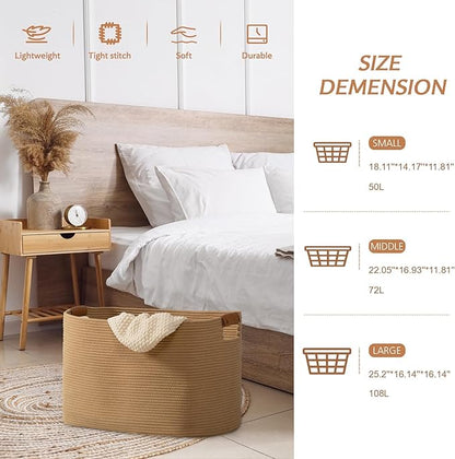 danpinera 108 L Blanket Basket for Living Room, Toy Basket With Leather Handle, Large Storage Bins for Toys, Pillows, Clothes, Rectangle Large Cotton Rope Basket, 25’’*16’’*16’’ Jute