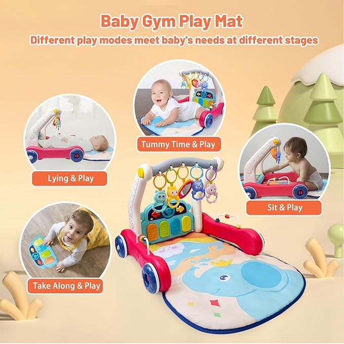 Cuterabit Baby Gym Play Mat & Baby Walker, Baby Activity Center with Music and Light, Tummy Time Mat, Push Toys for Toddler, Detachable Play Piano and Rattles for Newborn Babies Infants Boys Girls