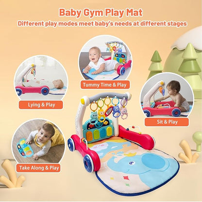 Cuterabit Baby Gym Play Mat & Baby Walker, Baby Activity Center with Music and Light, Tummy Time Mat, Push Toys for Toddler, Detachable Play Piano and Rattles for Newborn Babies Infants Boys Girls