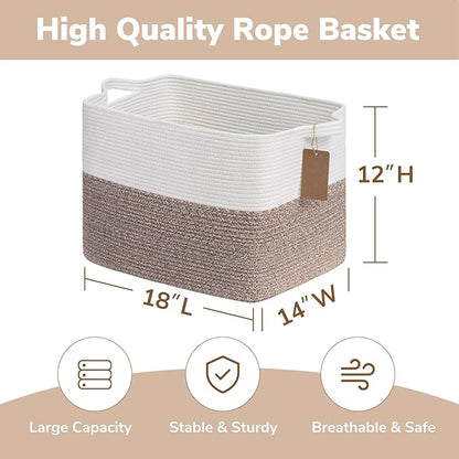 Goodpick Woven Storage Baskets for Organizing 18" x 14" x 12" Large Blanket Basket for Living Room Bedroom, Rectangle Cotton Rope Basket with Handles, Toy Baskets Storage Kids, Brown