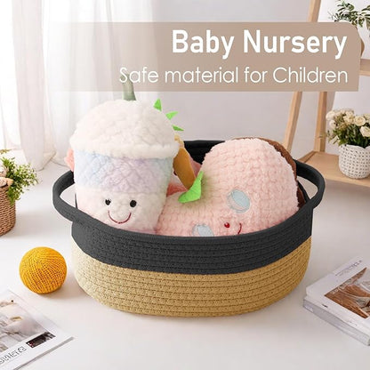 JMvicyroam Woven Basket,Small Rope Storage Bin with Handles & Ribbon Bag, Organizer for Shelves Closets,Gift Basket Empty for Birthday,Books,Dog Toys, Black&Jute