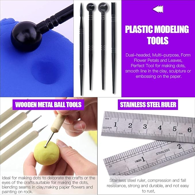 Swpeet 24Pcs Modeling Clay Sculpting Tools Kits, Painting Brush, Wooden Dotting Tools, Ball Stylus Tool, Plastic Ball Rod Stylus Modeling Tools, Clay Roller, Clay Scarper for Modeling Clay