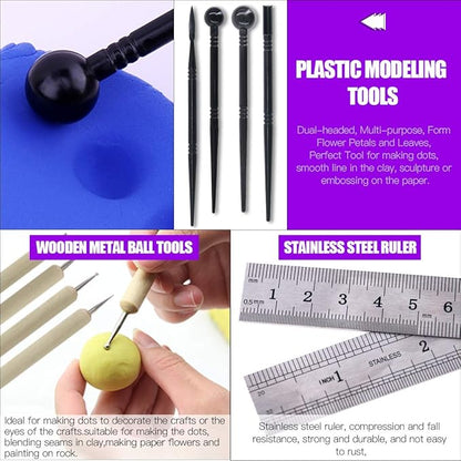 Swpeet 24Pcs Modeling Clay Sculpting Tools Kits, Painting Brush, Wooden Dotting Tools, Ball Stylus Tool, Plastic Ball Rod Stylus Modeling Tools, Clay Roller, Clay Scarper for Modeling Clay