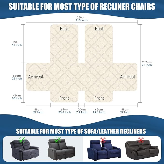 TAOCOCO 100% Waterproof Recliner Covers, Recliner Sofa Covers with Leg Straps, Reversible Recliner Couch Cover for Reclining Chair, Washable Couch Protector for Pets Kids(2 Seater, Chocolate)