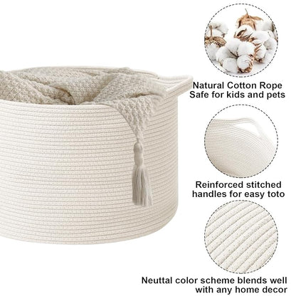 90L Large Blanket Basket,21.7"L x 21.7"W x 13.8"H Rope Woven Baskets with Handles, Toys Storage Bins,Laundry Basket Perfect for Living Room, Nursery,Bedroom,Home Organization,White