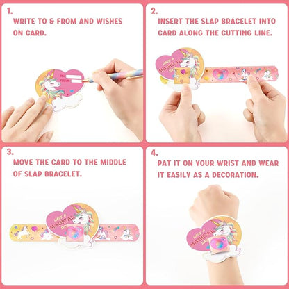 WERNNSAI 24 Pack Unicorn Valentine Cards with Unicorn Slap Bracelet for Kids Unicorn Party Favor Rainbow Unicorn Slap Wristbands for Classroom Baby Shower Party Exchange Greeting Cards Gift