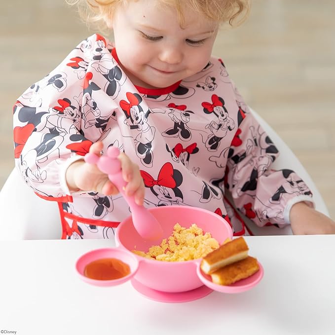 Bumkins Baby Bowls, Disney Minnie Mouse Silicone Baby Feeding Set, Suction Bowls for Baby and Toddler with Spoon, First Feeding Set, Platinum Silicone Bowl for Babies 4 Months