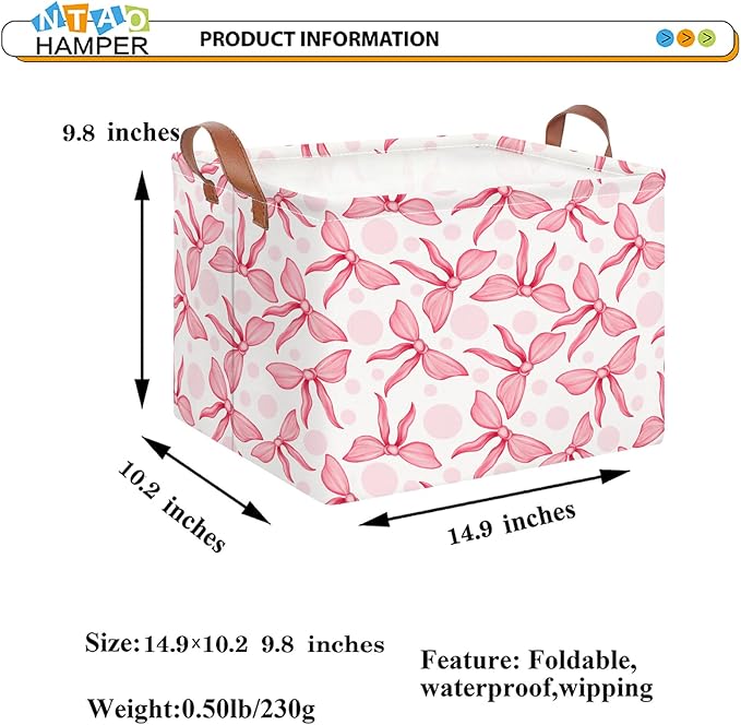NTAOHAMPER Rectangular Storage Basket Empty,Toys Storage Bin with Handles,Baby Room Decor,Gift Basket,Book Box(Pink Bowknot)