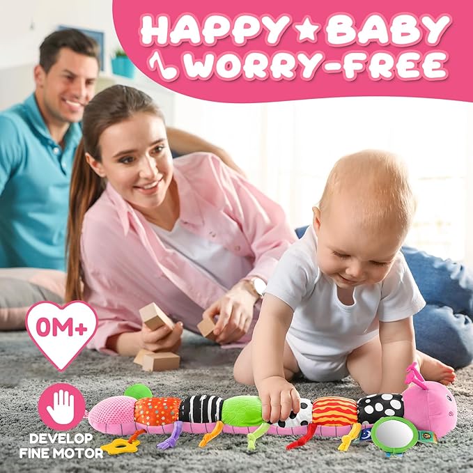AWOTOY Baby Toys 0-6-12 Months,Musical Caterpillar Stuffed Animals Activity Infant Toys with Crinkle,Rattles,Mirror&Pull String,Muti-Sensory Toys Gifts for Newborn Tummy Time,Pink,Knot prolegs