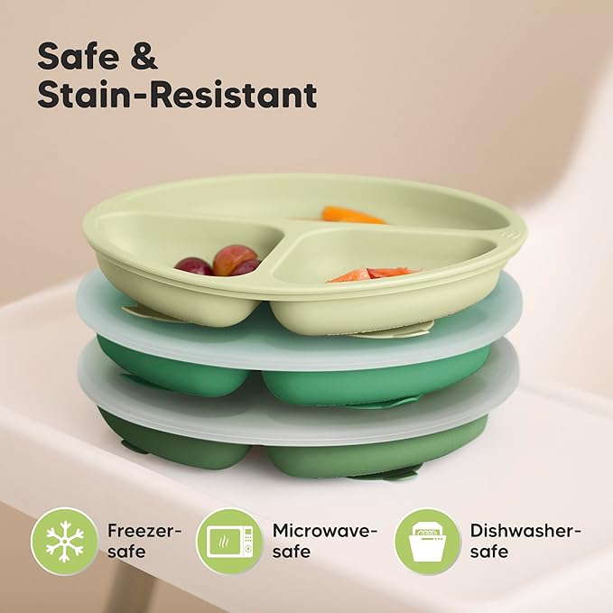 KeaBabies Suction Plates with Lids for Baby - 3-Pack 100% Silicone Suction Plates for Baby, Kids,Toddler Plates,Divided Baby Plates with Suction,Lids, BPA-Free, Microwave, Dishwasher Safe (Forest)
