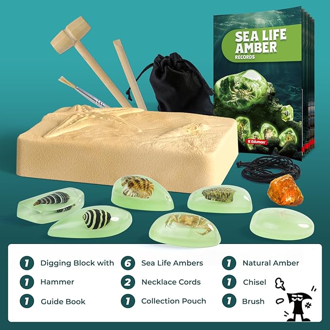 EDUMAN Amber Dig Kit-6 Artificial Sea Life Resin Specimens, Glow in The Dark Oceanlife Fossil Excavation Set, STEM Inspired Educational Toy for Kids Ages 6-12, for Boys & Girls