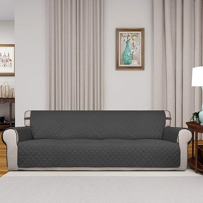 PureFit Reversible Quilted Sofa Cover, Water Resistant Slipcover Furniture Protector, Washable Couch Cover with Non Slip and Elastic Straps for Kids, Dogs, Pets (XX Large, Dark Gray/Beige)