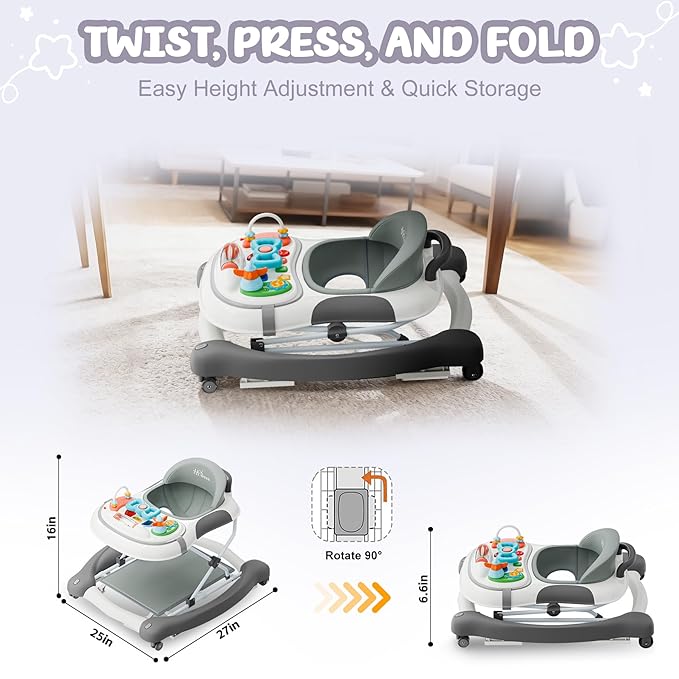 5-in-1 Foldable Baby Walker，Music and Lights Baby Walker with Wheels,Height Adjustable Infant Walker, with Activity Center, Rocker, Bouncer,Push Walker & Feeding Tray for Babies 6-18 Months (Gray)