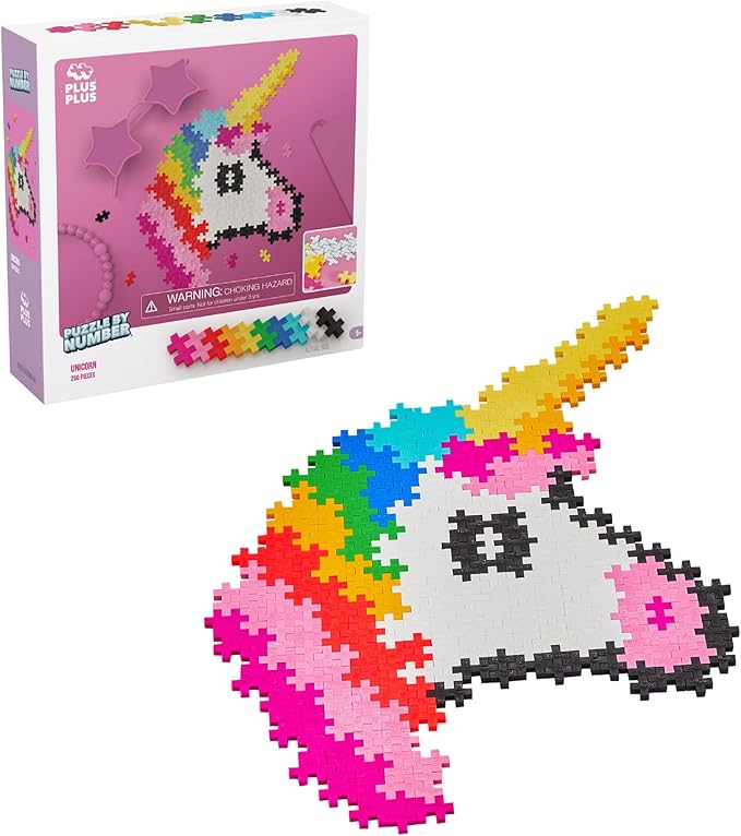 Plus Plus Puzzle By Number, 250 Piece Mini Interlocking Hashtag Color Blocks, 3D Pixel Art Kit for Kids - Unicorn