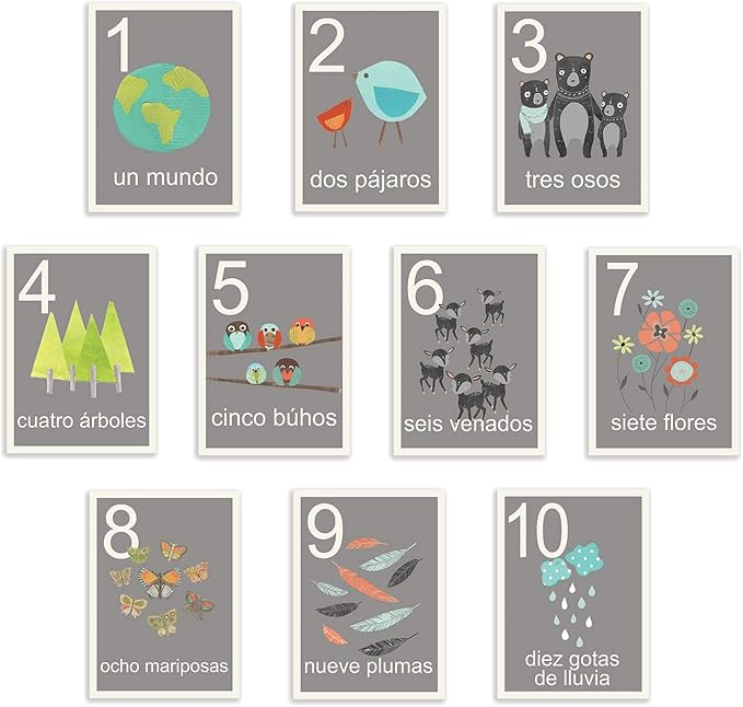 Our World Counting Cards in Spanish, Number Flash Cards, Set of Ten 08x10 Inch Print Wall Art Prints, Nursery Wall Decor, Kid's Art Decor, Gender Neutral Nursery, Nature