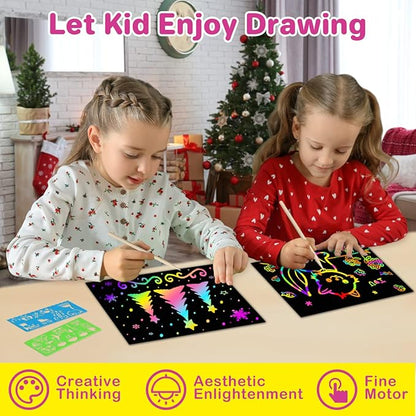 Scratch Paper Gifts Sets: 117PCS Magic Rainbow Scratch Off Art-Crafts Paper Pad Kits for 3 4 5 6 7 8 Year Old Boys Girls Toys Supplies for Birthday Halloween Christmas Fun Project Party Favors