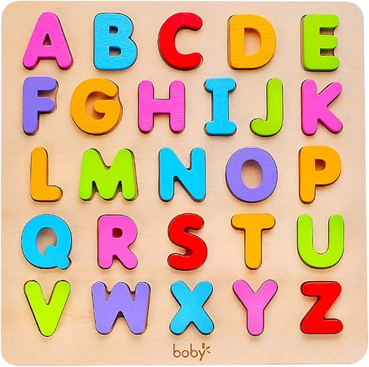 Wooden Alphabet Puzzle Toys, ABC Letter & Number Puzzle for Toddlers 18+ Months Old, Preschool Learning Toys for Kids, Educational Name Puzzle Gift for Boys and Girls (Alphabet Puzzle)