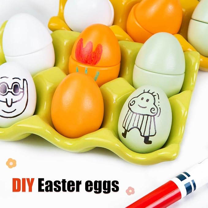 3 Otters 12PCS Egg Play Food Set for Kids Kitchen, Wooden Egg Toys Pretend Separable Egg with Yolk Painting Eggs for Kids Early Development Learning Birthday