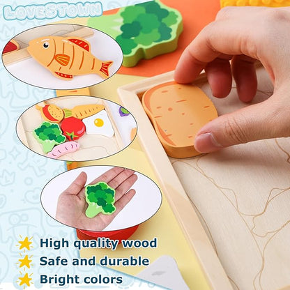 LovesTown 12PCS Wooden Food Stacking Puzzles, Chunky Jigsaw Puzzles, Montessori Toys Educational Preschool Activities Fine Motor Toys for Kids