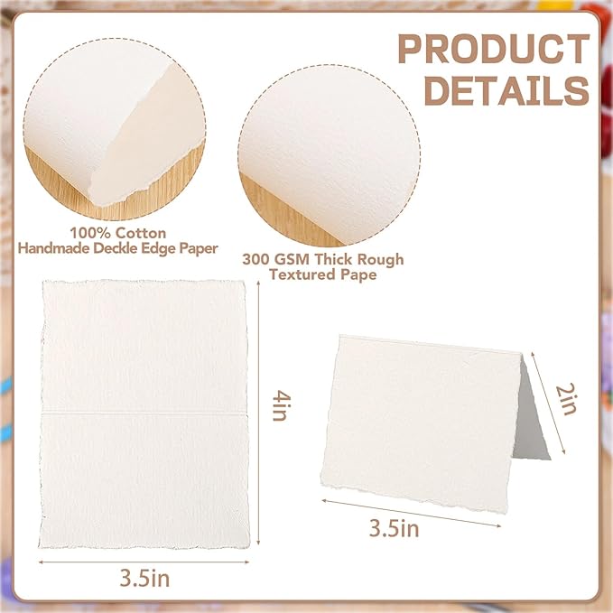 25 Sheets Watercolor Paper 3.5 x 2, 300 GSM Deckled Edge Paper Rough/Textured Handmade Paper for Watercolors, Wedding Invitations, Cards, Crafts