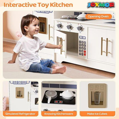 JOYMOR Kids Wooden Play Kitchen Sets, New Modern Children's Wooden Toy Kitchen w/Refrigerators & Ample Play Kitchen Accessories, Ideal Pretend Playset Gift for Toddlers