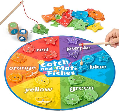 Montessori Toy for Toddlers 1-3, Fine Motor Skill Wooden Magnetic Fishing Game for Year Old Kids, Early Learning Color and Shape Sorter Toys for Ages 2-4 Girls Boys Preschool Educational Gift