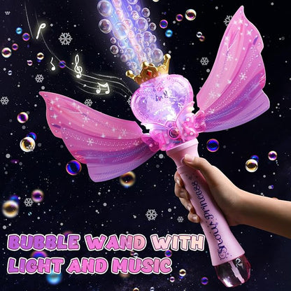 EagleStone Princess Bubble Wand for Kids Girls with LED Lights & Music, Fairy Bubble Machine Toy with 4 Bubble Solutions, Outdoor Bubble Toys for Toddlers Aged 3 4 5 6 7 8, Birthday Gift for Girls