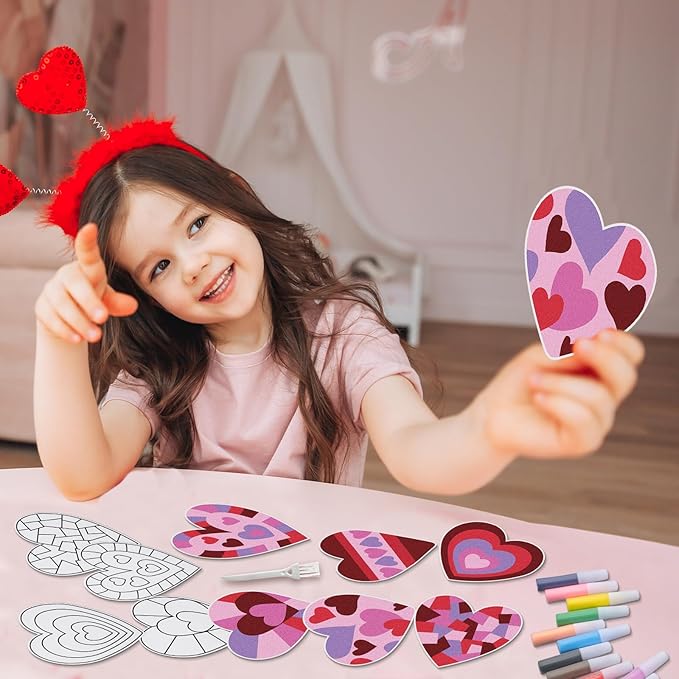 24 Sets Valentine Hearts Sand Art Craft Kit with Colored Sand Brushes DIY Valentine's Day Sand Painting Craft Create Your Own Sand Art for Kids Party Supplies Fun Home Activities
