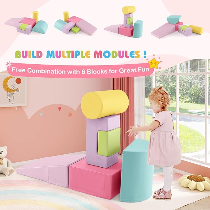 HONEY JOY 6-Piece Climb and Crawl Playset, Soft Climbing Foam Block Activity Play Structure Gym Equipment for Infant Baby, Color Coordination, Waterproof Indoor Climbing Toys for Toddlers (Red)