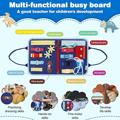 JHkim Busy Board Montessori Toys for 1 2 3 4 Year Old Boys Girls Gifts, Sensory Toy for Toddlers 1-3, Educational Activities Travel Toy for Airplane Car, Busy Book for Learning Fine Motor Skills,Blue