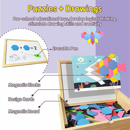 Wooden Pattern Blocks Set, 231 PCS Magnet Pattern Blocks, a Pattern Book and 9 Double-Sided Puzzle Cards, Tangrams for Kids Ages 3+, Early Math Geometric Shapes Concepts Learning Resource